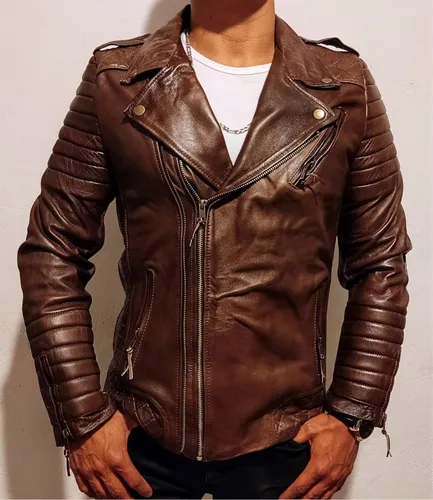 Chamarra Biker De Piel Para Hombre Chaqueta Cuero Café Slim