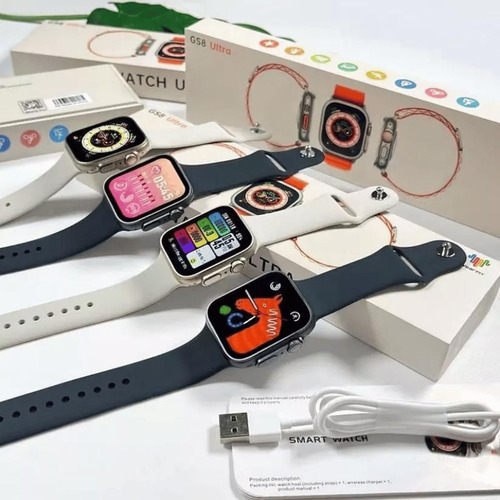 Smartwatch Gs8 Ultra recibe mensajes de Whatsapp con Insta Face, funda plateada, pulsera naranja, bisel plateado