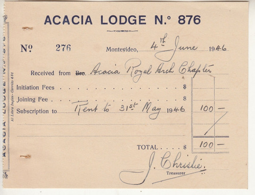 1946 Masoneria Recibo Acacia Lodge Nº 876 Montevideo Firmado