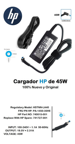 Cargador Hp Punta Azul De 45w | 2.31a - 19.5v