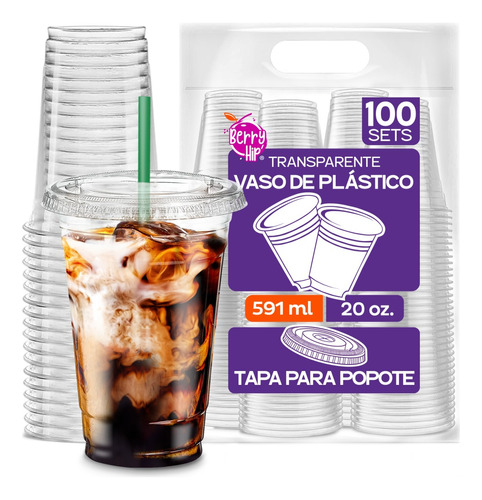 100 Vasos Desechables De Plástico Con Tapa Para Popote 20 Oz Color Transparente