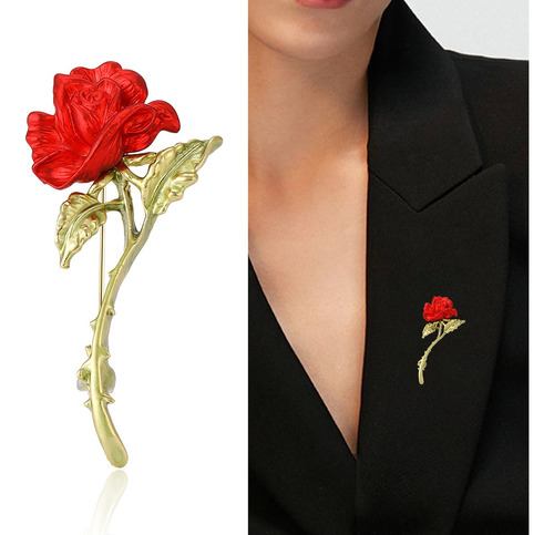 Broche Prendedor Mujer Elegante Rosa Roja Floreciente 