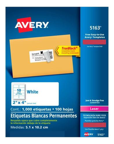 1000 Etiquetas Blancas Avery Rectangular Sobre 5.08 X 10.16