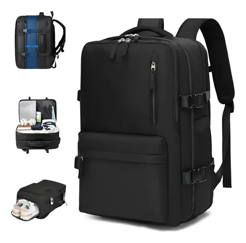 Mochila Viagem Expansível Masculina Avião Notebook Feminina Preto Liso