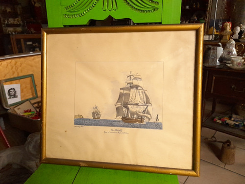 Antigua Litografía Inglesa De Barcos Antiguos Carabelas 