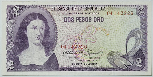 Billete 2 Pesos 01/ene/1972 Colombia Vf