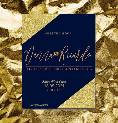 Invitación Boda Azul Dorado Personalizada Imprimir