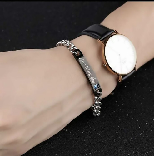 Pulseras Parejas Novios Enamorados Rey Reina Acero Inoxidabl Color Plateado Largo 21 Cm