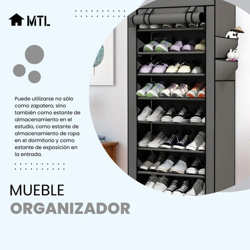 Zapatero Organizador Mtl Portatil Plegable 9 Estantes Color Gris Multiuso