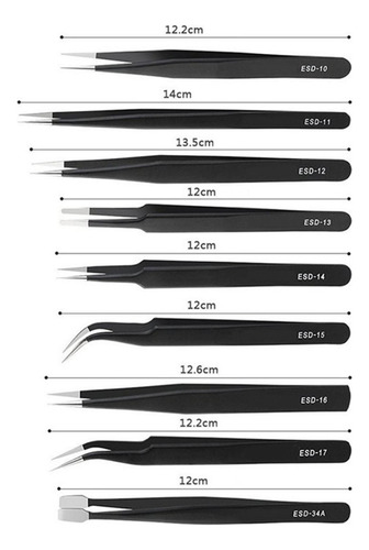 Pinzas Antiestáticas De Acero Inoxidable, 9 Piezas