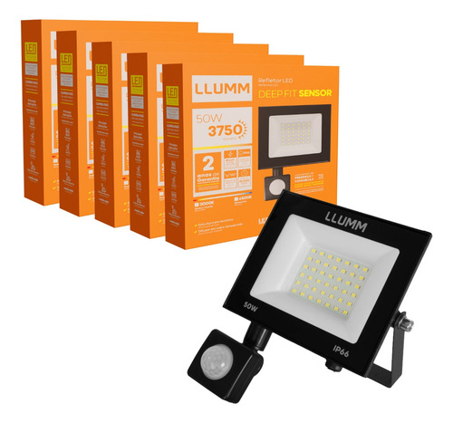 Kit 5 Un Refletor Deep Fit Led 50w Sensor Presença 6500k Branco-frio Ip65 A Prova D'água 127/220V Llumm Bronzearte