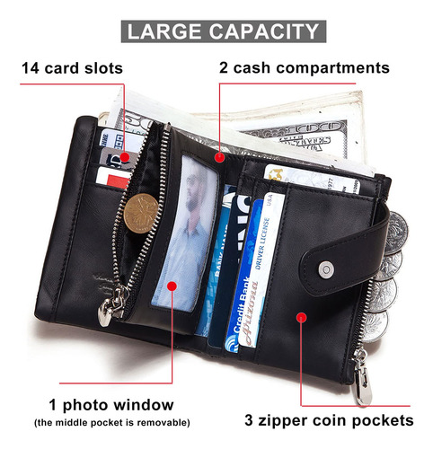 Cartera Hombre Cuero Genuino Rfid Doble Cremallera Con Caden