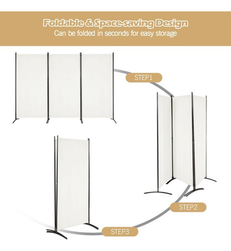Biombo 3 Pzs 6 Ft Base De Acero Bisagras Blanco Gpl