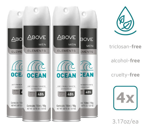 Antitranspirante en aerosol Above Ocean 3.17 oz pack de 4 u