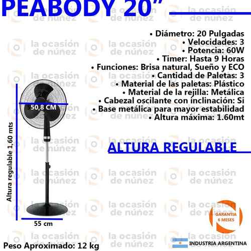 Imagen 2 de 7 de Ventilador De Pie Peabody 60w 3 Velocidades Altura Regulable
