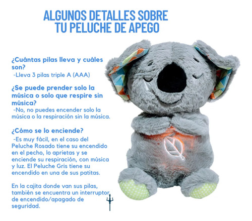 Koala De Peluche Respirante 27cm Con Luz Y Sonido Musica Gris