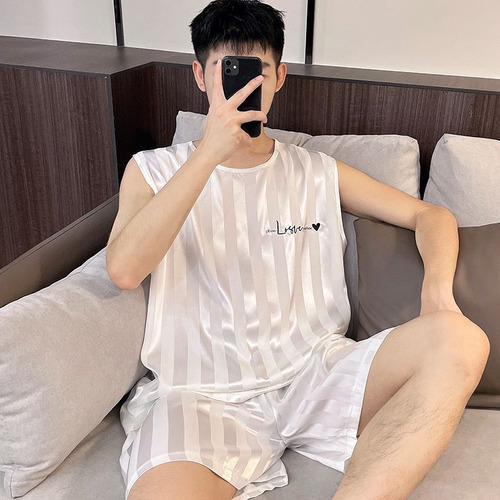 Pijama De Seda De Verano Para Hombres Conjunto De 2 Piezas