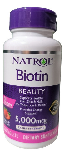 Biotin De 5000 Mcg, Sabor A Fresa. 250 Cápsulas. Natrol