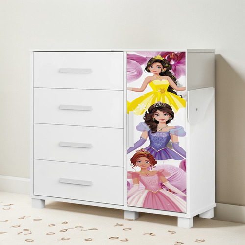 Cômoda Infantil Para Quarto 80cm 4 Gavetas Princesa Rosa Z53