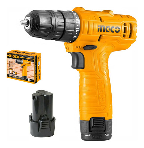 INGCO CDLI12428, Taladro Atornillador Inalambrico 3/8 12v 1 bateria 1.5Ah, 20NM, Carga USB Tipo C, Color Amarillo