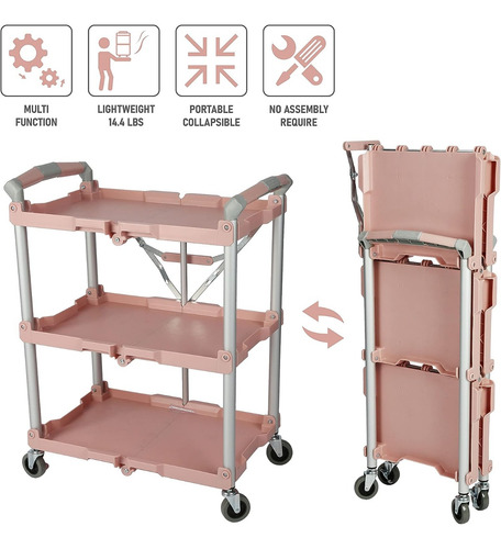 Carrito De Servicio Plegable; C/3 Estantes, 150 Lbs; Rosa