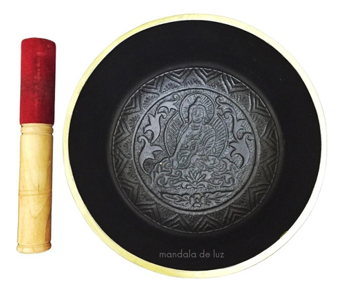 Sino Tigela Tibetana Preta Dourada 16,5cm Bastão Almofada