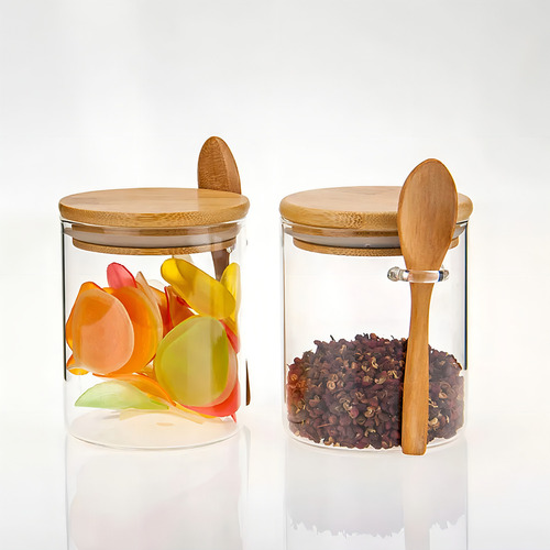 Pote De Vidro Porta Tempero Com Tampa Colher De Bambu 480ml