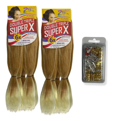 Kit 2 Jumbos Para Tranças Box Braids + 20 Anéis Reguláveis Cor T27/613 Mel/loiro Claríssimo