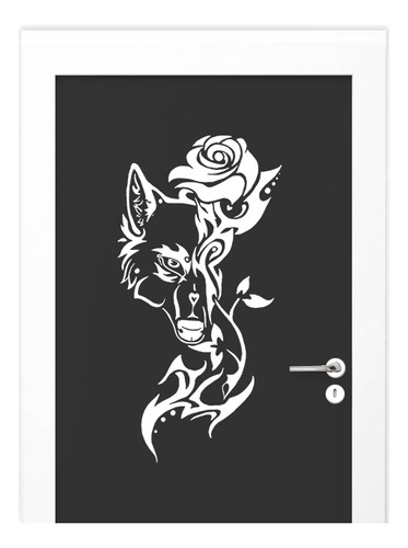 Adesivo Para Porta Branco - Flores Animal Tribal Lobo