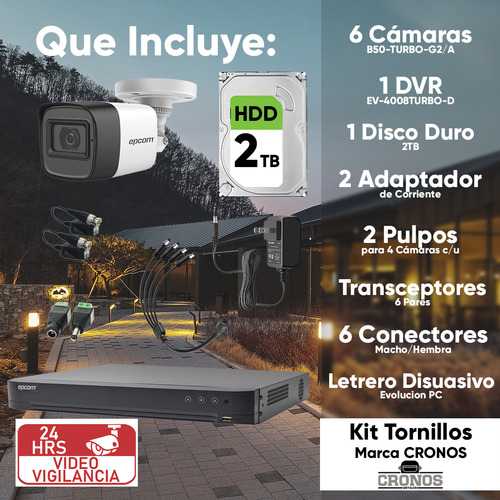 Epcom Kit De Camaras De Seguridad Exterior Metalicas B50kit-plus6-sc+2tb Video Vigilancia Turbohd 1080p Cctv 6 Cámaras Bala Con Micrófono Integrado Blanco