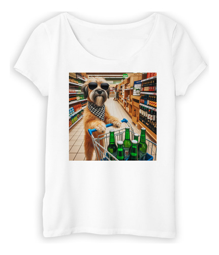 Remera Mujer Perro En Supermercado Comprando Cerveza M3