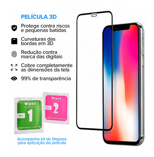Película De Vidro 3d P/ iPhone 7/8 Plus Xr 11 12 13 Pro Max