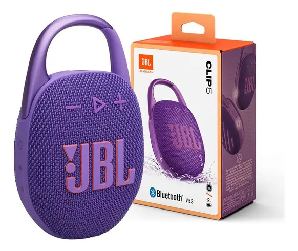 Parlante JBL Clip 5 portátil con bluetooth waterproof violeta