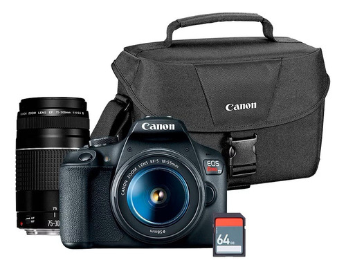 Kit Cámara Canon Eos Rebel T7 + Lentes 18-55mm Y 75-300mm Color Negro