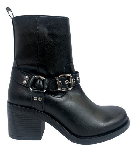Botin Cierre Lateral Moda Biker Hebilla Tacón Ancho Urbanos