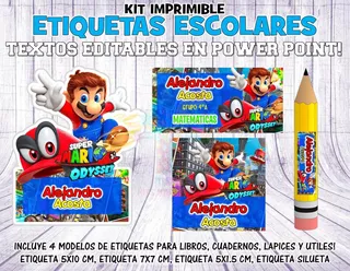 Kit Imprimible Etiquetas Escolares Mario Odyssey S20