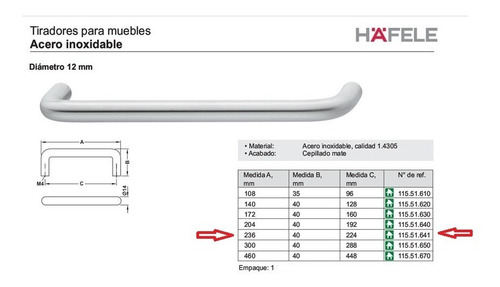 Imagen 3 de 3 de Herraje Tirador Para Cajon 12x 236mm Hafele 115.51.641 Acero