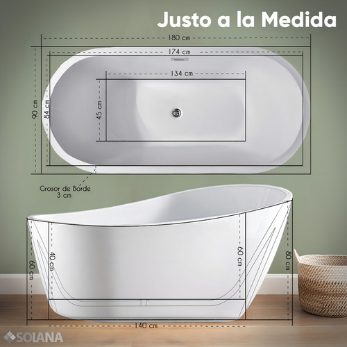 Solana Kit Bañera De Acrílico Solido De 180x90 Cm Blanco Ovalada Con Desnivel + Grifo Independiente Monomando Bt613/Sm1706 Color Blanco/GoldRose