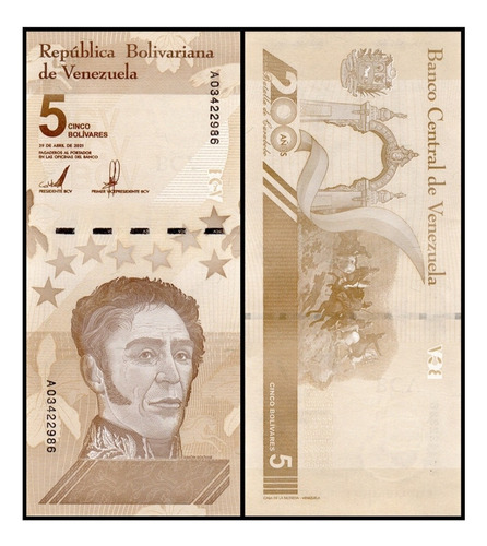 Billete De Venezuela, 5 Bolívares Año 2021