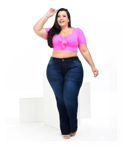 Calça Flare Jeans Escura Manchada Plus Size