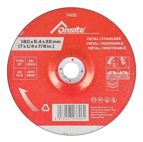 Disco De Desbaste Metal E Inox 7'' X 1/4'' X 7/8'' Onsite
