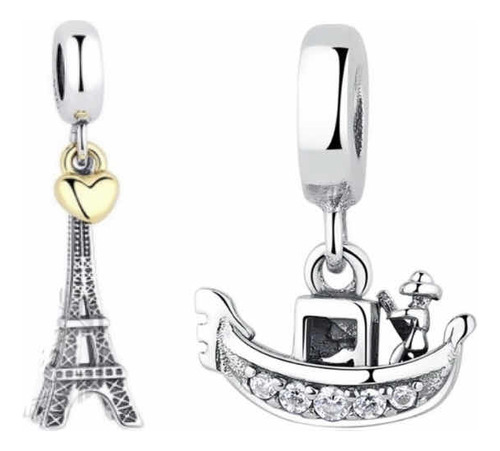 2 Charms 100% Plata Esterlina S925 Torre Eiffel Góndola