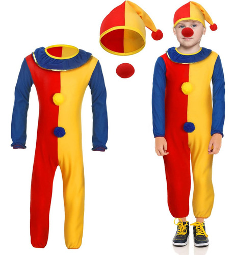 3 Pcs Halloween Clown Costume For Kids Toddlers Baby Clown Jumpsuits With Clown Nose And Clown Hat For Halloween Cosplay Dance Party Trick Or Treat Ca