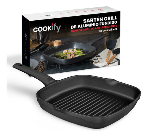 Sartén Grill Antiadherente 28 Cm Cookify | Alu-tech Series | Libre De Pfoa, Cocina Saludable, Cocción Uniforme. Perfecta Para Asados. Color Aluminio Fundido Negro
