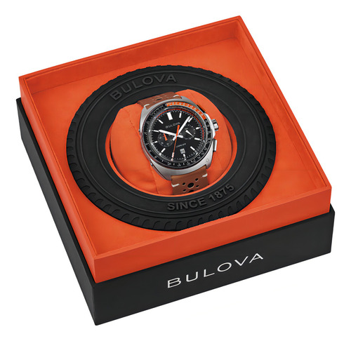 Relógio Bulova Racer Cronógrafo 98b427 Correia Marrom Bisel Preto/laranja Fundo Preto