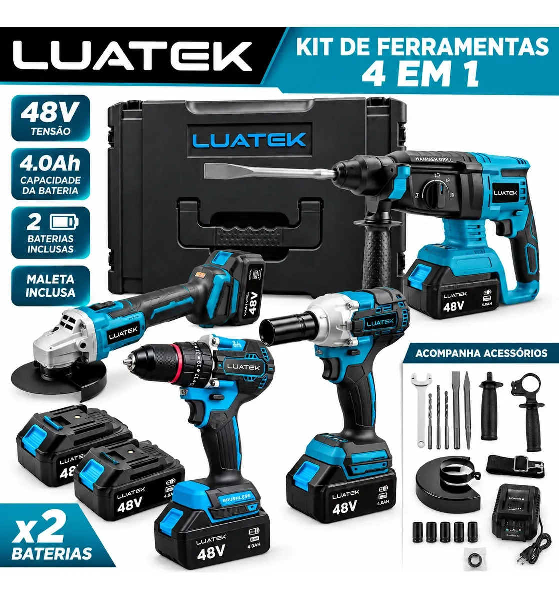 Kit Ferramentas 4 Em 1 Luatek 48v 2 Baterias Lwj-236
