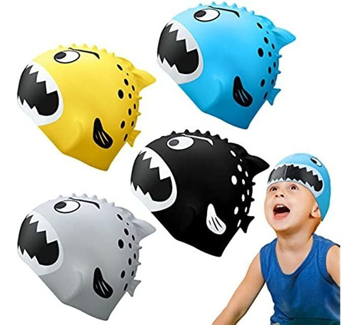 4 Gorros De Natación De Silicona Para Niños, Divertidos Som