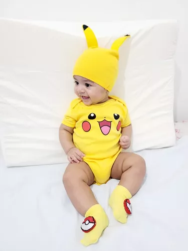 Body Bebê Inverno Fantasia Pokémon Pikachu com Capuz Mesversário