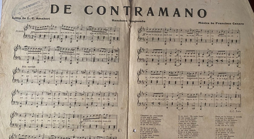Antigua Partitura De Tango, De Contramano, Canaro Amadori Mv (Usado)