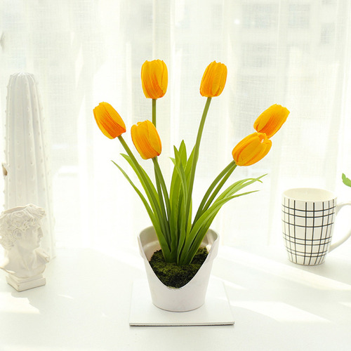 Exquisito Tulipán Artificial 6 Cabezas En Maceta Plantas Par